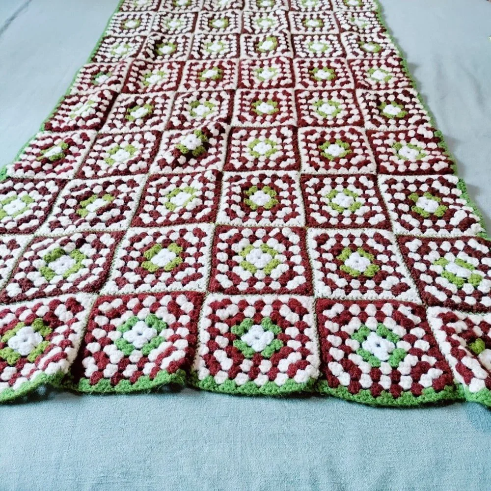 Handmade Granny Square Floral Crochet Afghan Blanket Brown Green Rectangle Throw